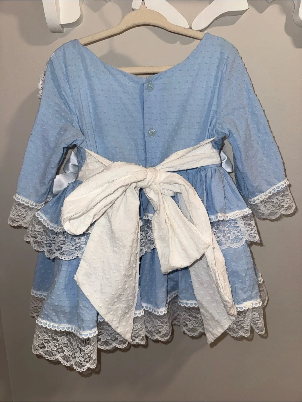 Light Blue Lace Tiered Dress with White Bows